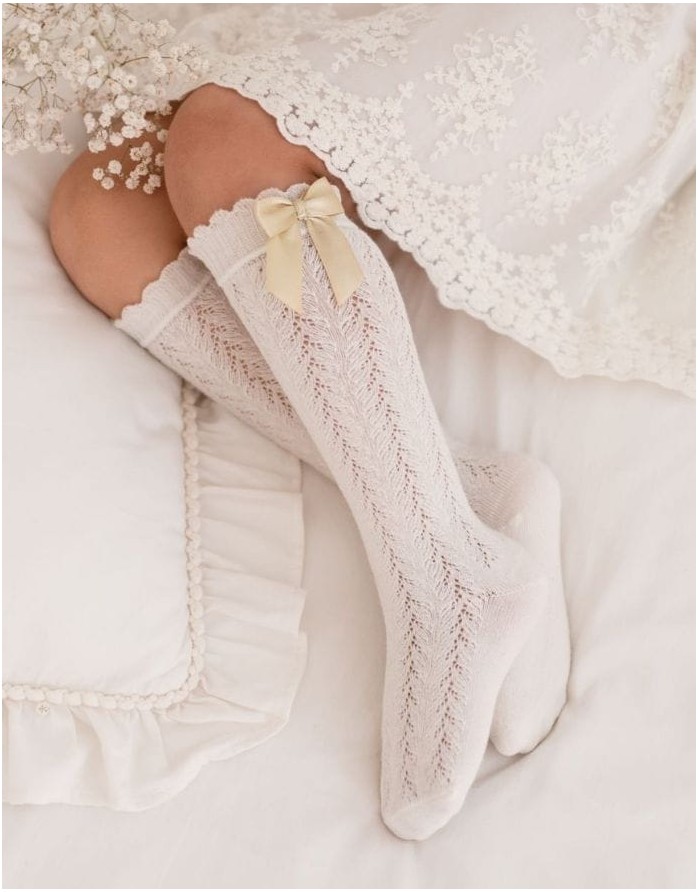 Vaikiškos kojinės "Openwork Knee With a Bow" Ecru
