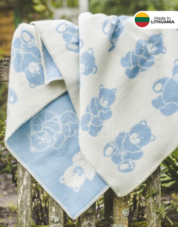 Children's Woolen Plaid "Bear Blue" 90x130 cm