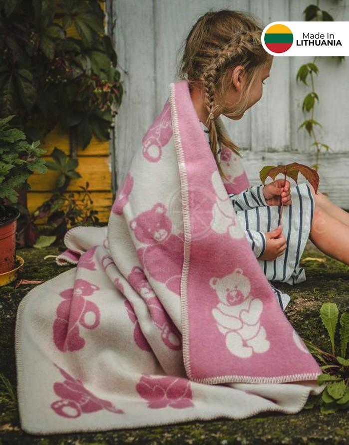 Children's Woolen Plaid "Bear Pink" 90x130 cm