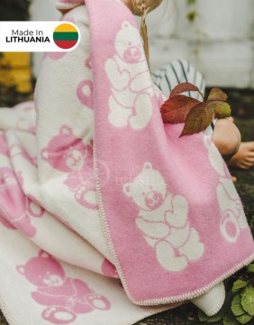 Laste villane ruuduline "Bear Pink" 90x130 cm