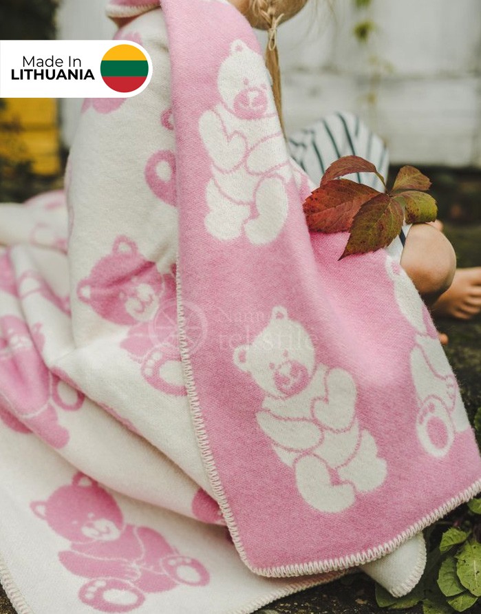 Laste villane ruuduline "Bear Pink" 90x130 cm